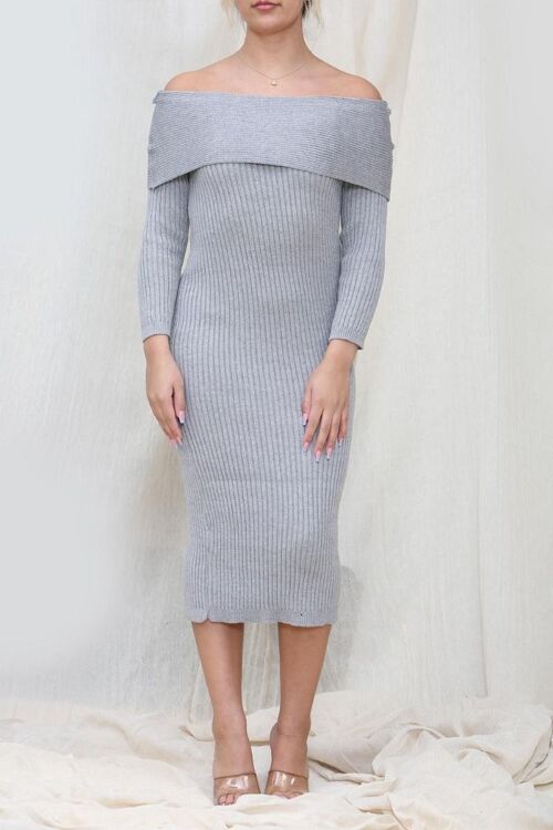 Bardot Ribbed Knit Midi Dress - Grey