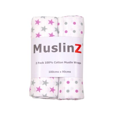 MuslinZ Manta Swaddle de 100% algodón, paquete de 2, Violeta / Mancha gris / Estrella