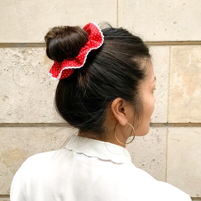 Scrunchie in pizzo con stampa a pois rossi