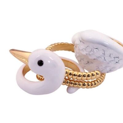 Emaille Weißer Schwan Handgefertigter verstellbarer Ring, dreiteiliges Set