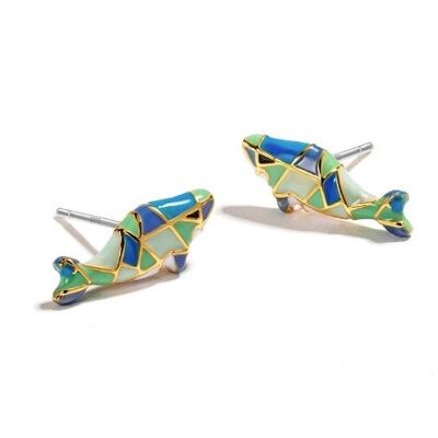 Handcrafted enamel glaze gold-plated whale cute earrings, no pierced ear clips