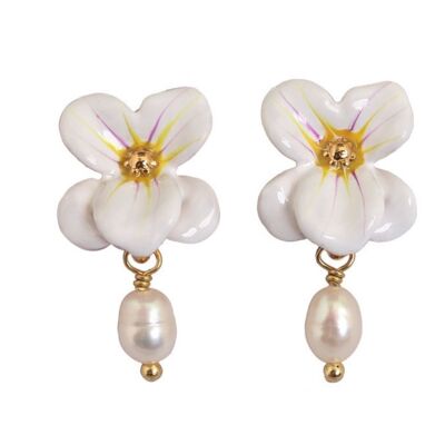 Hand painted enamel lily of the valley petal with freshwater pearl earrings