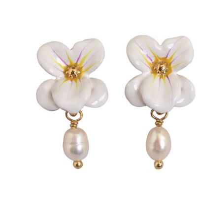 Hand painted enamel lily of the valley petal with freshwater pearl earrings