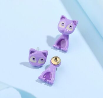 Nouvelles boucles d'oreilles chat mignon en émail violet peint à la main avec des aiguilles en argent 925 5