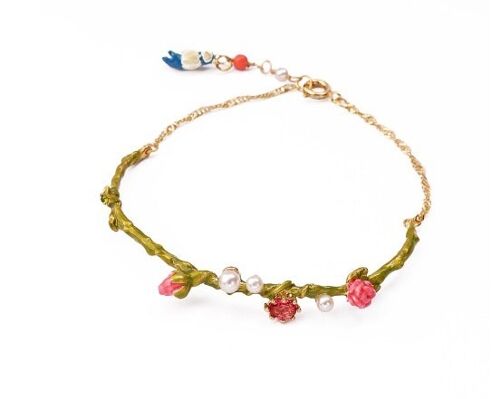 Hand-painted enamel unique flower stem bird bracelet with inlaid diamond and pearl