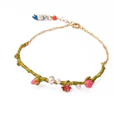 Hand-painted enamel unique flower stem bird bracelet with inlaid diamond and pearl