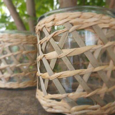 CRYSTAL AND RATTAN CANDLE HOLDER