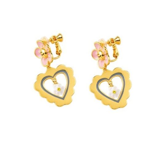 Hand-painted enamel pink flower earrings with Heart-shaped pendant