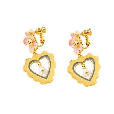 Hand-painted enamel pink flower earrings with Heart-shaped pendant