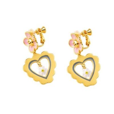 Boucles d'oreilles fleur rose en émail peintes à la main avec pendentif en forme de cœur