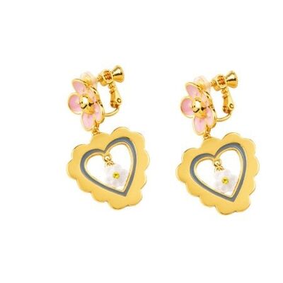 Hand-painted enamel pink flower earrings with Heart-shaped pendant