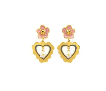 Boucles d'oreilles fleur rose en émail peintes à la main avec pendentif en forme de cœur 2