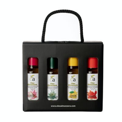 Geschenkbox mit 4 Flaschen Olivenölgewürz mit Knoblauch, Zitrone, Rosmarin und Chili.