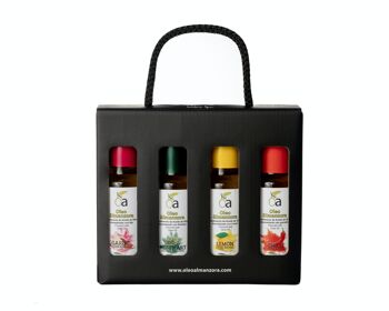 Coffret cadeau avec 4 bouteilles d'assaisonnement à l'huile d'olive avec ail, citron, romarin et piment.