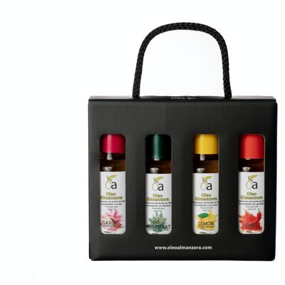 Confezione regalo con 4 bottiglie di condimento all'olio di oliva con Aglio, Limone, Rosmarino e Peperoncino.