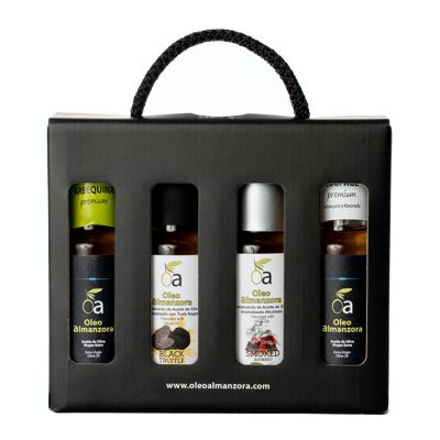 Geschenkbox mit 4 Flaschen à 100 ml mit EVOO und mit Olivenöl gewürzt mit schwarzem und geräuchertem Trüffel.