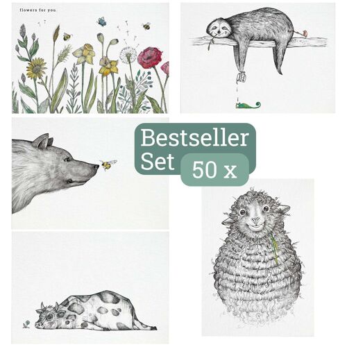 Postkarten 50x Set - nachhaltige Grußkarte - Bambus Papier - Bestseller - Spitzenreiter - 5 Sorten