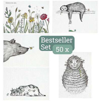 Postcards 50x set - sustainable greeting card - bamboo paper - bestseller - front runner - 5 varieties