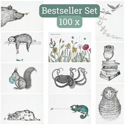 Conjunto de postales 100x - tarjeta de felicitación sostenible - papel de bambú - bestseller - hit parade - 10 variedades