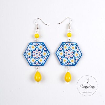 Boucles d'oreilles : Bleu majolique, hexagones orange et jaune