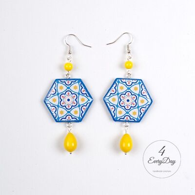 Earrings : Majolica blue, orange and yellow hexagons