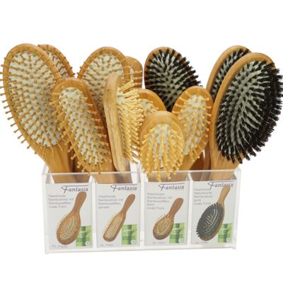 Display with 12 hairbrushes made of bamboo wood