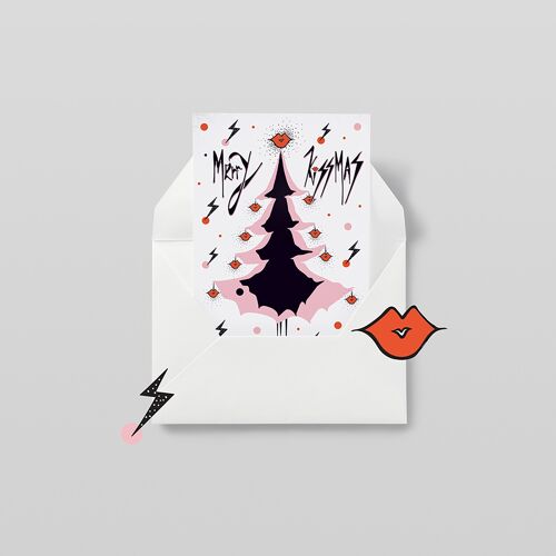 Merry Kissmas  - Illustrated Christmas Card - Sexy / Fun / Festive Holiday Card - Pink / A6