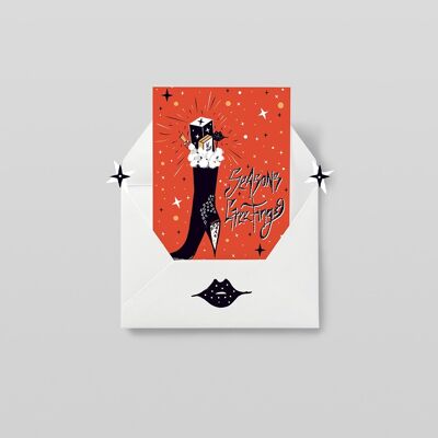 Seasons Greetings - Saucy Santa Stocking. RED Christmas Card.