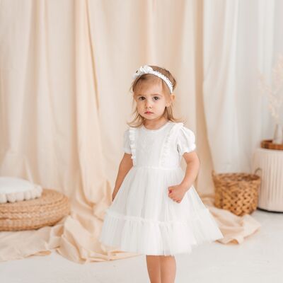 White linen baby girl dress with hand embroidery, below knee toddler tulle tutu gown, newborn boho lace outfit with short sleeves