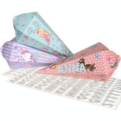 Lot de 3 cônes scolaires imprimés de stickers pailletés - rose turquoise - lot de 4