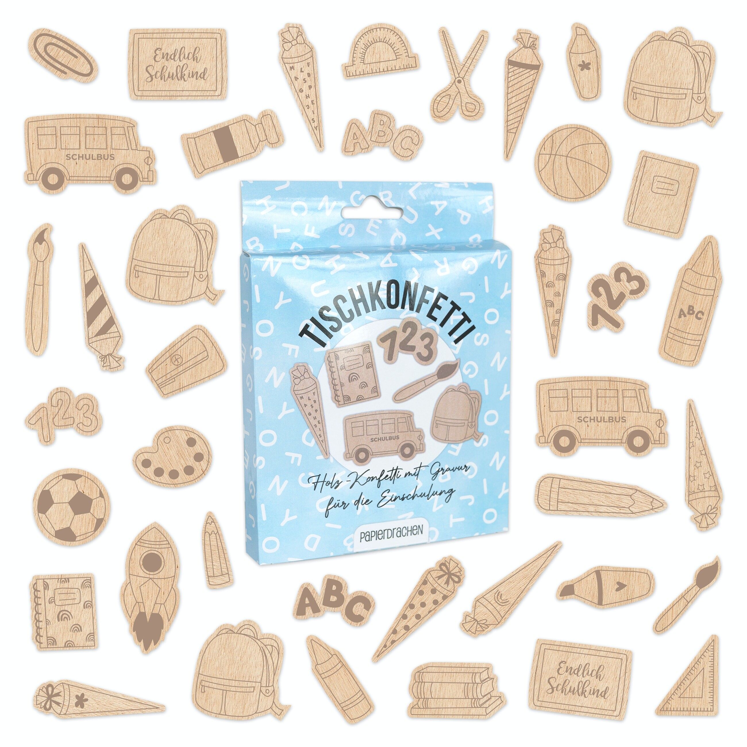 Scuola di coriandoli da tavolo in legno con incisione (legno di pioppo) - set 3