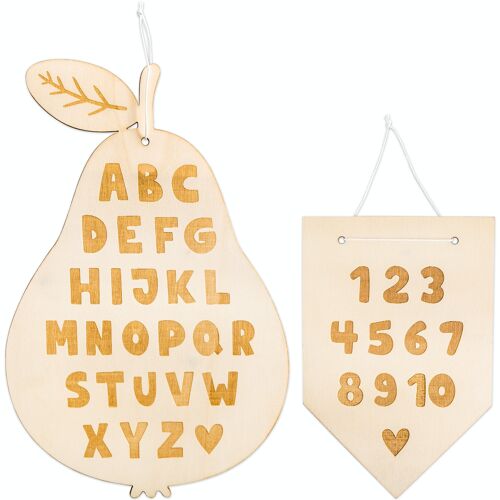 Holzschildset Alphabet Zahlen mit Gravur (Pappelholz) - Set 1