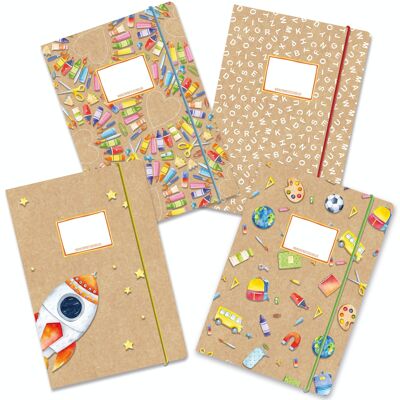 4 Mappen mit Gummiband DIN A4 Kraftpapier - Set 12