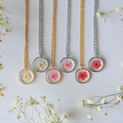 Dried flower necklace, spirea flowers, resin jewel, 3 different colors, GOLD COLOR