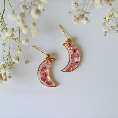 Small golden crescent moon earrings and real dried heather flowers