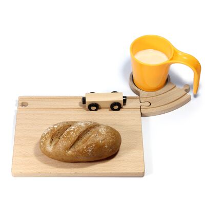 Railway breakfast set, cutting board, coaster, yellow cup with tunnel, Brio compatible, wooden toy, Christmas