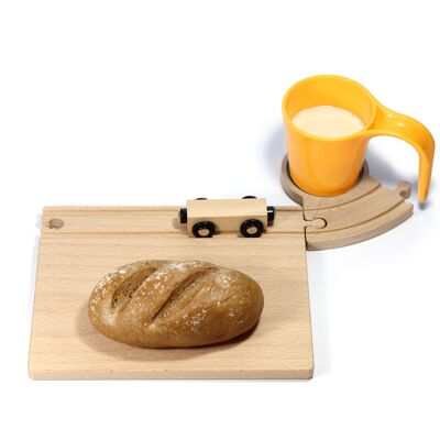 Set petit-déjeuner chemin de fer, planche à découper, dessous de verre, tasse jaune avec tunnel, compatible Brio, jouet en bois, Noël