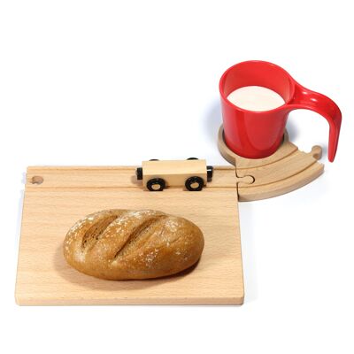 Set de desayuno ferroviario, tabla de cortar, posavasos, taza roja con túnel, compatible con Brio, juguete de madera, Navidad