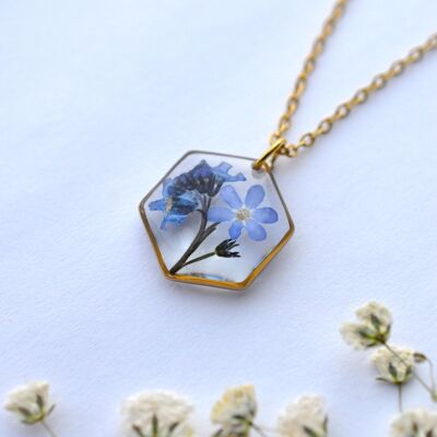 Collier bouquet de vraies myosotis préssées, disponible en doré et argenté