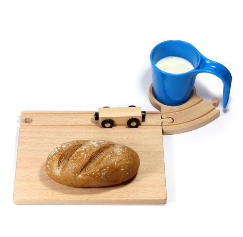 Eisenbahn Frühstücksset, Schneidebrett, Untersetzer, blaue Tasse mit Tunnel, Brio kompatibel, Holzspielzeug, Weihnachten
