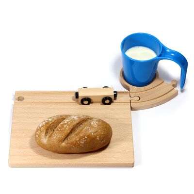 Set petit-déjeuner chemin de fer, planche à découper, dessous de verre, tasse bleue avec tunnel, compatible Brio, jouet en bois, Noël