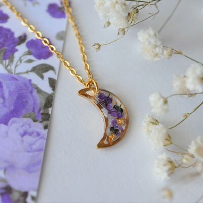Mini crescent moon pendant, real small alyssum flowers. Available in gold and silver