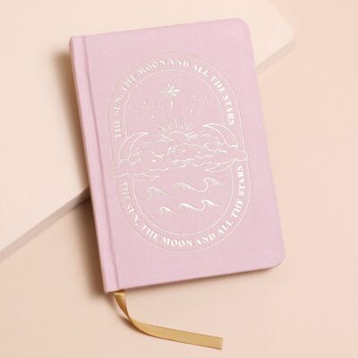 Rosafarbenes Stoff-Notizbuch mit Sonne und Mond