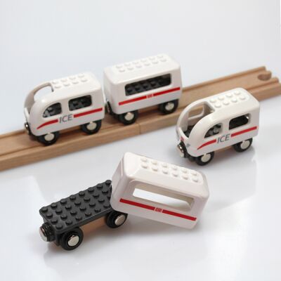 Trenino Noppi ICE, compatibile con LEGO e BRIO, trenino con 4 carrozze, trenino in legno, trenino, giocattolo in legno, Natale