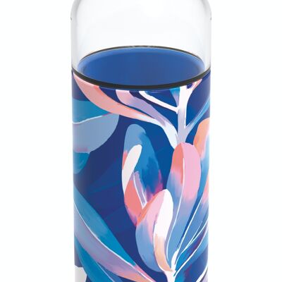 QUOKKA RUNDE GLASFLASCHE MIT SILIKONHÜLLE FLOW MIDNIGHT BLÄTTER 660 ML