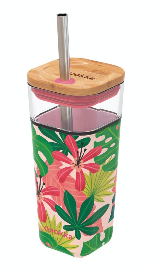 QUOKKA VASO CRISTAL CON PAJITA Y FUNDA DE SILICONA LIQUID CUBE PINK JUNGLE 2022 540 ML