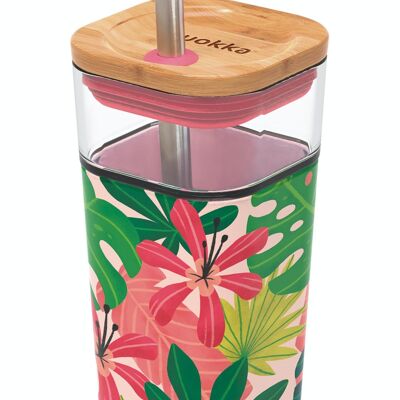 QUOKKA GLAS GLAS MIT STROHHALMHOH UND SILIKONGEHÄUSE FLÜSSIGWÜRFEL ROSA JUNGLE 2022 540 ML