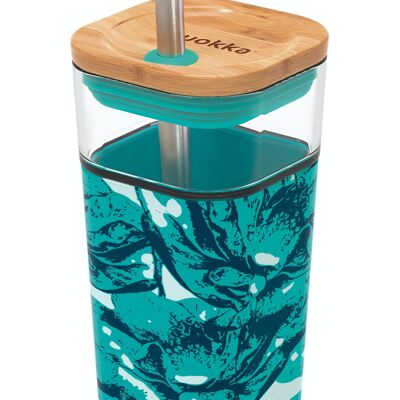 QUOKKA GLAS GLAS MIT STROHHALMHOH UND SILIKONABDECKUNG FLÜSSIG WÜRFEL WASSER BLUMEN 540 ML