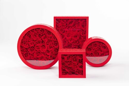 Coffret / Box roses rouges éternelles - Chic et éternel : ICONIC -Coffret de fleurs préservées - Objet de décoration florale - Boite Rouge Taille L