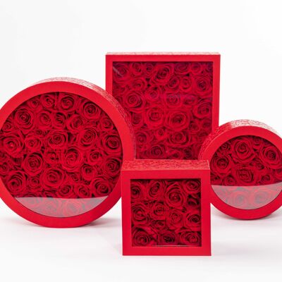 Schachtel / Schachtel mit ewigen roten Rosen – Schick und ewig: ICONIC – Schachtel mit konservierten Blumen – Blumendekorationsobjekt – Rote Schachtel Größe L